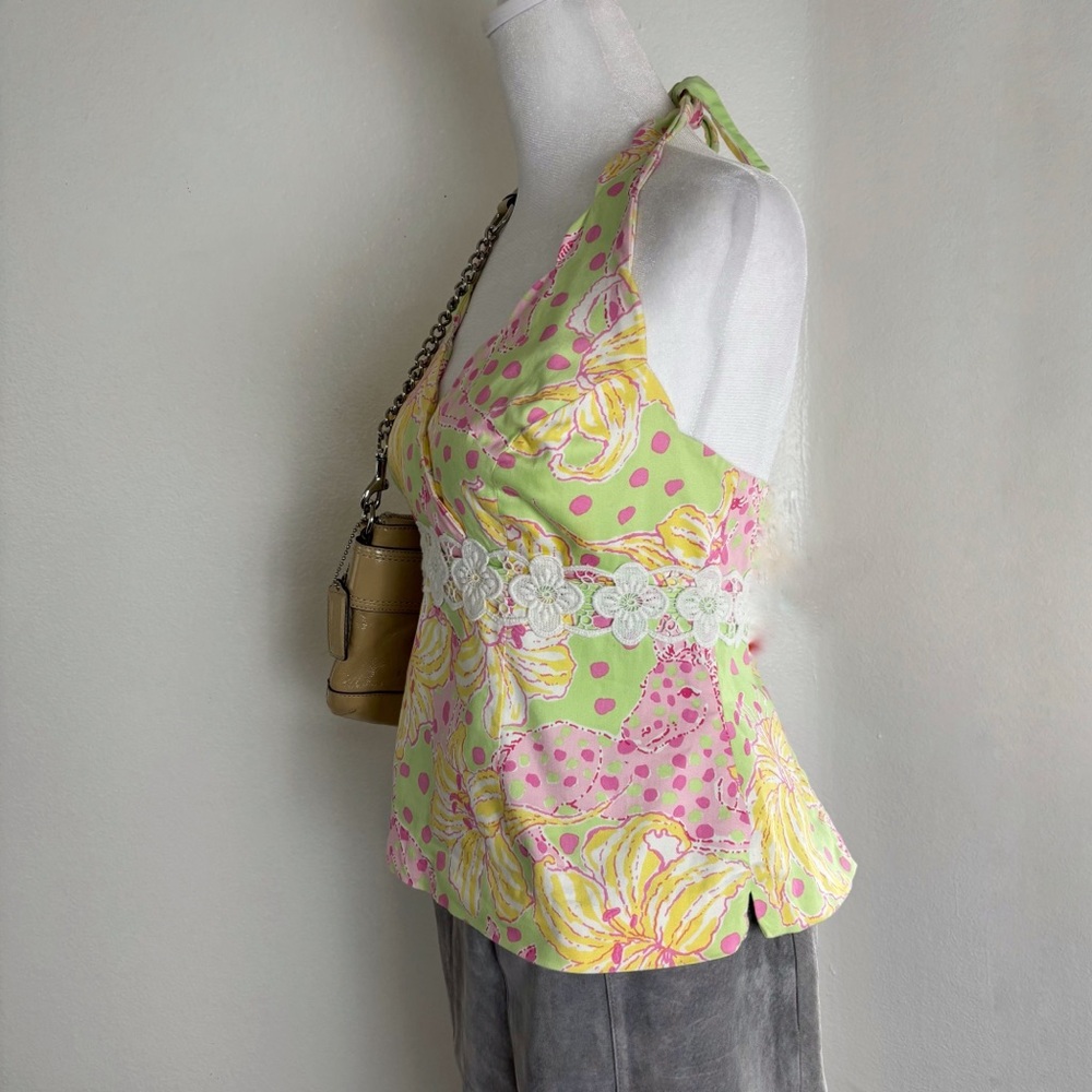 Lilly Pulitzer Green Pink Floral Halter Top w/ Lace Waist Detail Size 8 - Picture 3 of 7